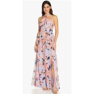 Adrianna Papell Floral-printed Clip Dot Chiffon Long Halter Gown size 14
